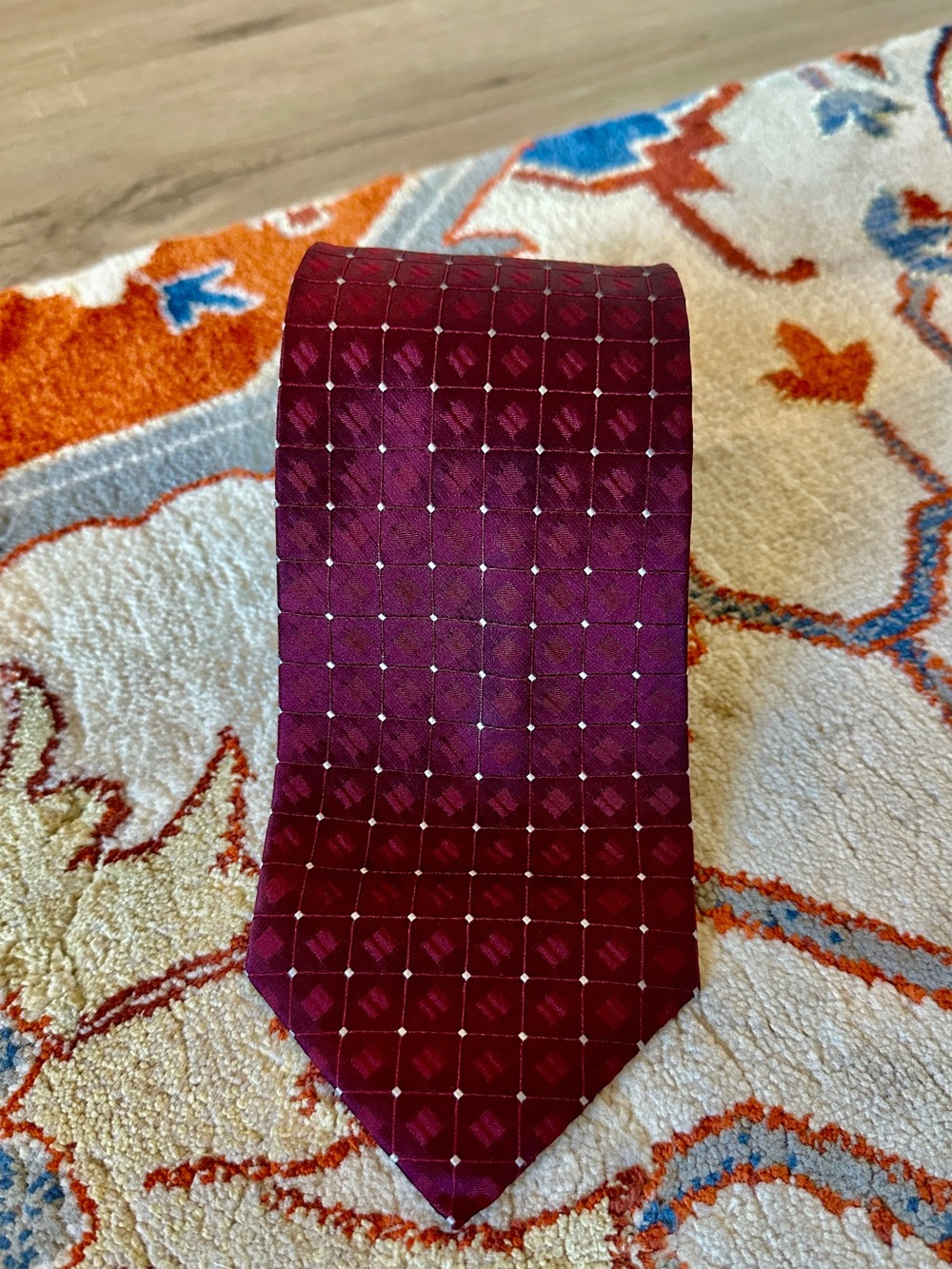 Salvatore Pellegrino Burgundy with Silver Diamond Geometric Italian Silk Tie